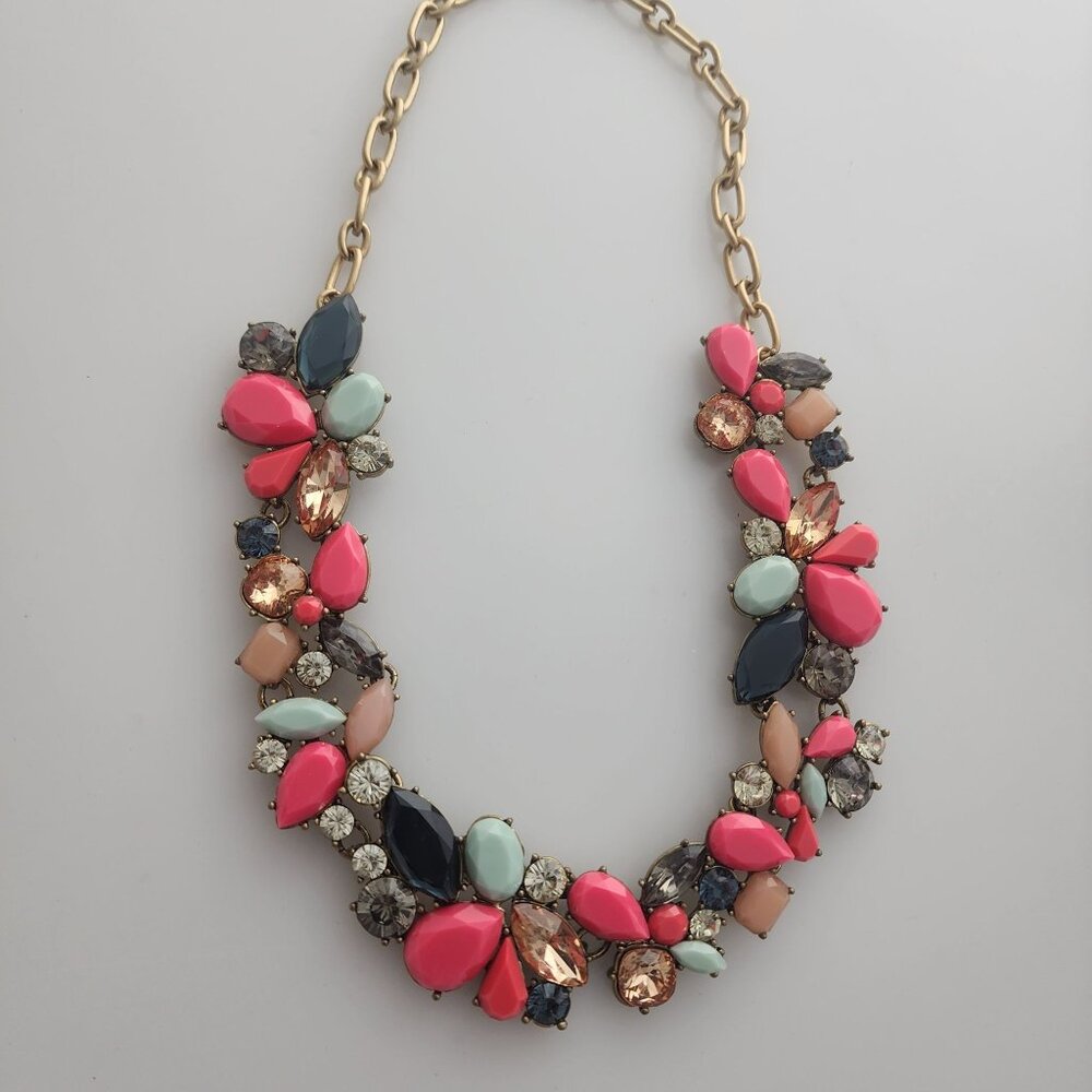 J. Crew Gold Tone Statement Blue & Pink Necklace Excellent Condition